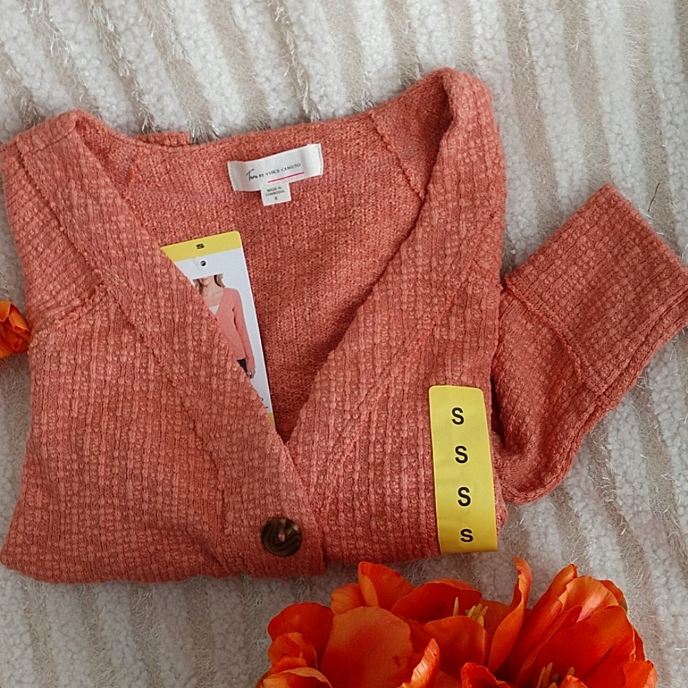 NEW Two by Vince Camuto Cardigan Sweater Slub Knit Pink Coral Textured Ladies S - Picture 3 of 11